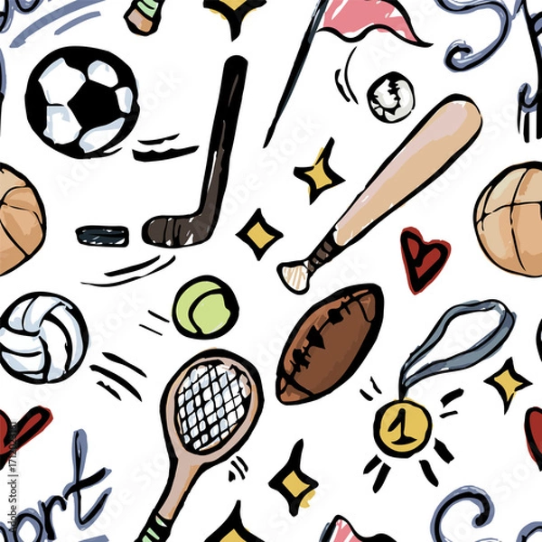 Fototapeta Pattern with sport elements on a white background. Doodle Hand draw marker texture. Balls, football, hockey, tennis racket, basketball, medal, flag and handwritten “sport”