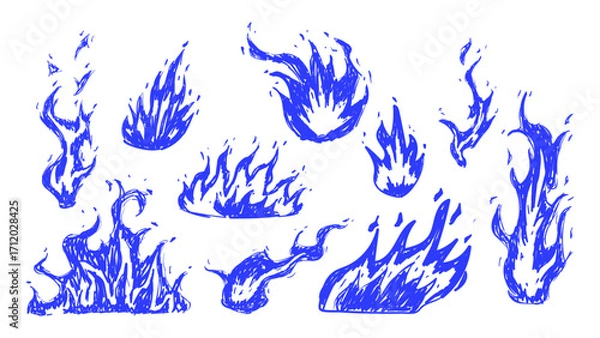 Fototapeta Set of blue doodle flame. Pen ink various fire element. Isolated vector illustration.