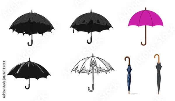 Obraz Umbrella vector set with broken, folded, and cane umbrellas on transparent background
