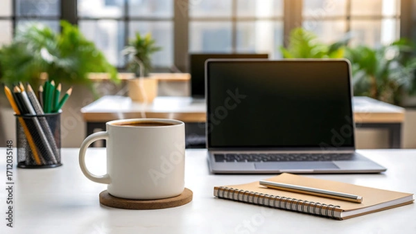 Fototapeta Modern Workspace with Coffee Mug, Notebook, and Laptop – Cozy Productivity Setup