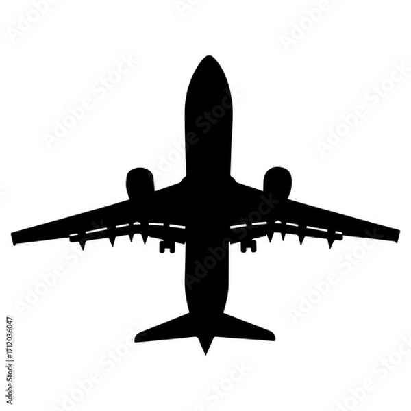 Fototapeta Black silhouette of a passenger airplane isolated on white background, minimal vector design symbolizing travel, aviation, transportation, air flight, tourism, business trip, and global connectivity.