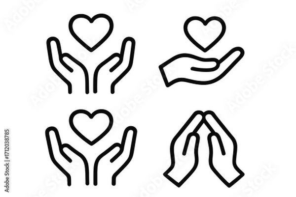 Fototapeta Charity and donation icon set. Hands holding a heart symbol of love, care, and support. Vector line art for volunteering, non-profit, and community help concepts. Hope.