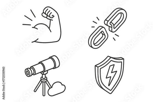 Obraz Isometric line icon set for business concepts. Strength and weakness, vision and cloud computing, security and protection. Vector pack with bicep, broken chain, and shield.