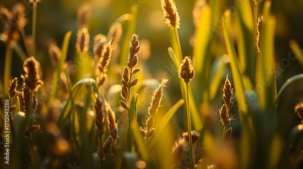 Fototapeta A sun-drenched field of wheat at sunset, showcasing detailed, backlit golden wheat stalks swaying gently in the warm light. The focus is on the intricate textures and soft glow of the grains.