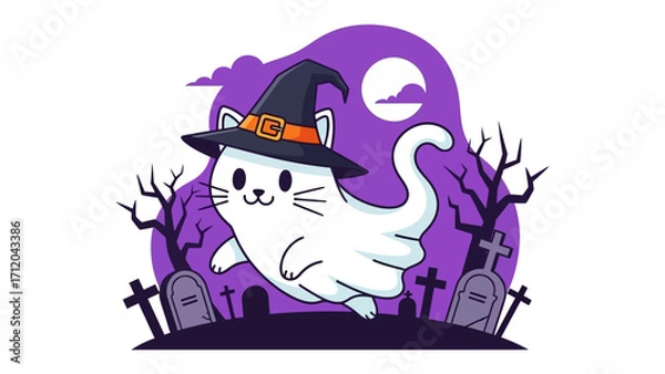 Obraz Mystical Halloween Cat in Spooky Scene: A charming cartoon cat, dressed in a pointed witch's hat, levitates through a moonlit graveyard on Halloween night, against a backdrop of twisted, bare trees. 