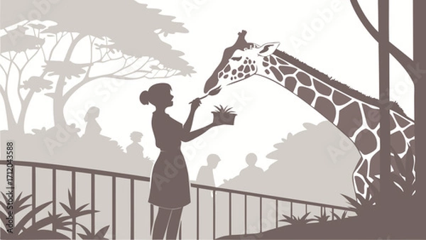 Fototapeta Woman feeding a giraffe at a zoo silhouette illustration wildlife conservation animal care tall animal long neck spotted pattern enclosure visitor nature scene park safari zoological.
