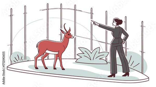 Fototapeta Woman pointing at an antelope in an enclosure illustrated vector graphic.