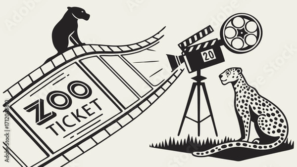 Fototapeta Zoo Ticket Movie Clapperboard Wild Cats Film Reel Vector Illustration Black and White Design.