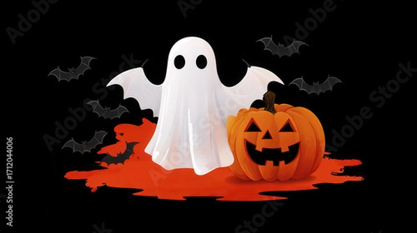 Fototapeta Ghostly figure stands beside carved pumpkin, surrounded by bats and splash of red, creating spooky Halloween atmosphere