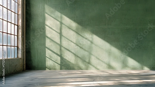 Fototapeta Serene industrial interior with green walls and soft light casting shadows from large windows creates tranquil atmosphere