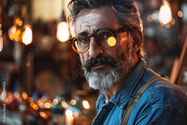 Fototapeta Elderly artisan man with glasses and beard smiling in workshop generative AI