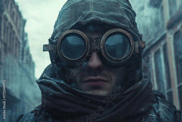 Fototapeta Portrait of a rugged person in dystopian city ruins, intense scene, generative ai