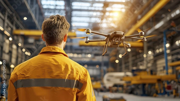 Fototapeta Worker in orange safety jacket observes drone flying in industrial warehouse, showcasing advanced technology and innovation