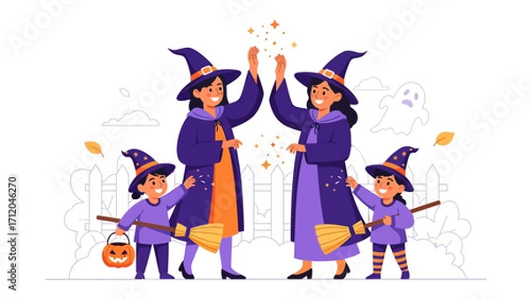 Fototapeta Enchanting Halloween Scene: Two witches and their young children, adorned in classic costumes and festive accessories, embody the enchanting spirit of Halloween. Featuring iconic witch costumes.