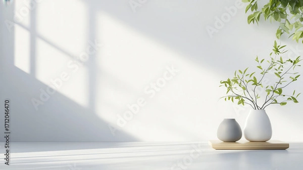 Fototapeta Minimalist decor with vases and greenery on wooden tray, creating serene atmosphere in bright space