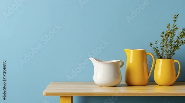Fototapeta Minimalist still life featuring white and yellow pitchers on wooden table against blue wall, creating serene atmosphere