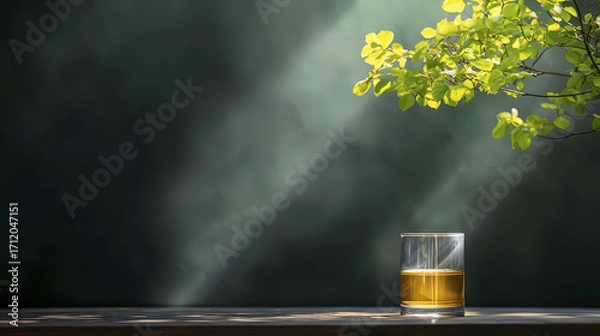 Fototapeta Glass of amber liquid sits wooden table, illuminated by soft rays of light filtering through green leaves, creating serene