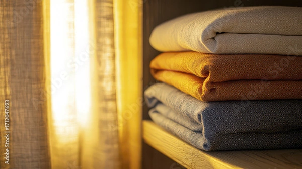 Fototapeta Neatly stacked folded fabrics in warm colors, illuminated by soft sunlight, create cozy atmosphere