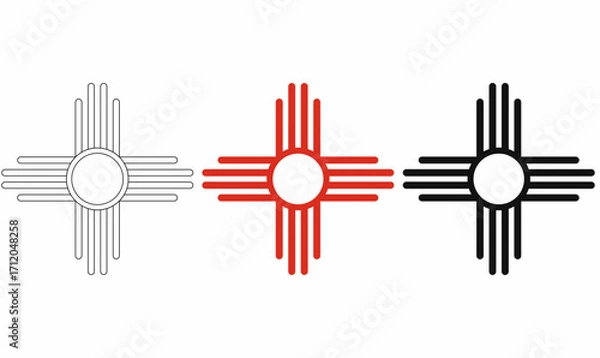 Fototapeta Zia sun symbol or native american indian sun icon set in black, red, and outline style. Geometric circular cross design with four lines, used for culture, tradition, logo, tattoo, and decoration.
