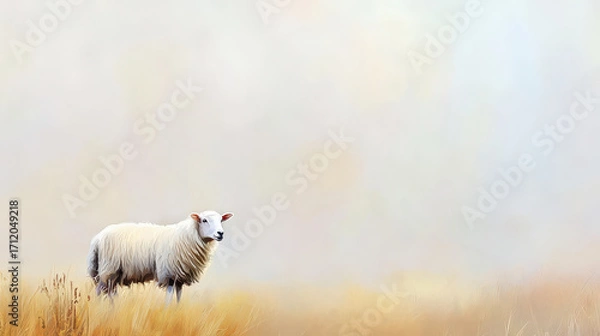Fototapeta Serene sheep stands golden field, surrounded by soft grass and gentle, blurred background. peaceful atmosphere evokes