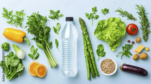 Fototapeta Fresh vegetables, herbs, and fruits arranged with bottle of water create vibrant display of healthy food options
