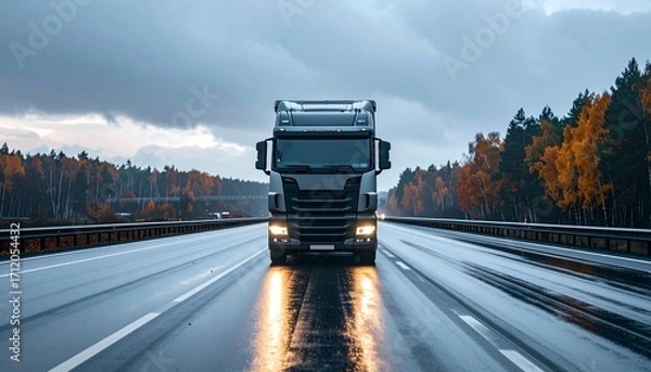 Fototapeta Realistic transport and logistics themes: trucks, freight trains, cargo ships and airplanes in autumn weather. Authentic stock photos suitable for global trade, supply chain, logistics and shipping co