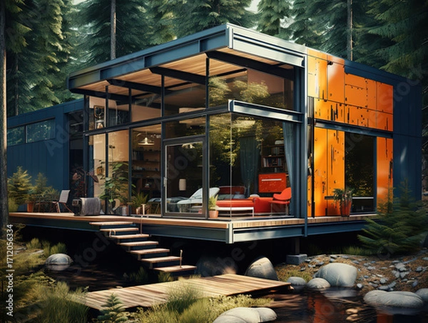 Fototapeta Incredible Photorealistic house with wooden architecture and timber structure