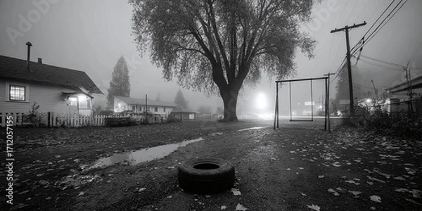 Fototapeta Misty morning in a quiet suburban neighborhood with a large tree and tire swing