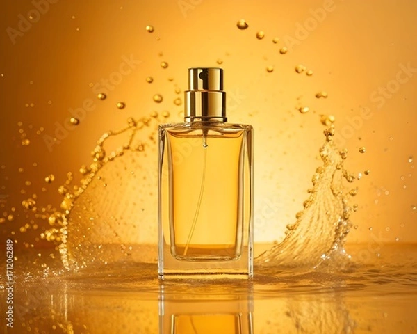 Fototapeta Rectangular Glass Perfume Bottle with Gold Cap Amidst Golden Liquid Splashes and Bubbles image photo