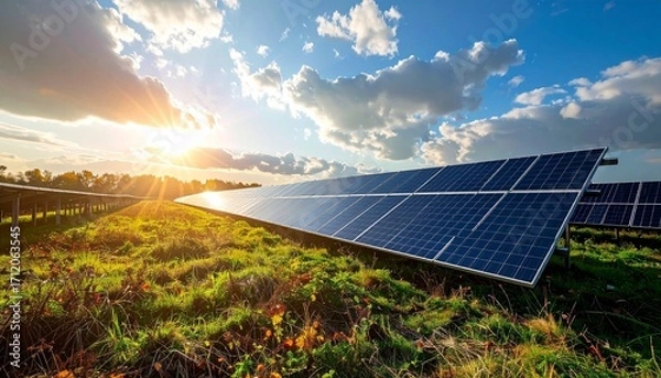 Fototapeta Realistic imagery of renewable energy infrastructure: wind turbines, solar parks and sustainable power solutions in autumn landscapes. Ideal for themes of sustainability, climate change, innovation an