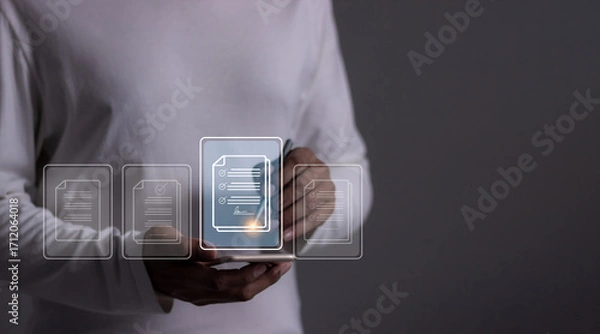 Fototapeta Young man with smartphone mobile hand touching to sign a Online Business Contract, Electronic signature, Contract signing, Digital documents, Future smart contract