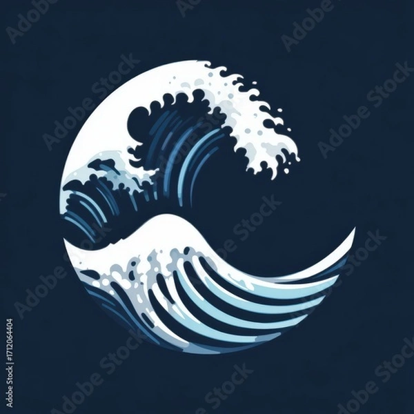Fototapeta Stylized ocean wave forming a circular shape with dynamic motion on dark background.