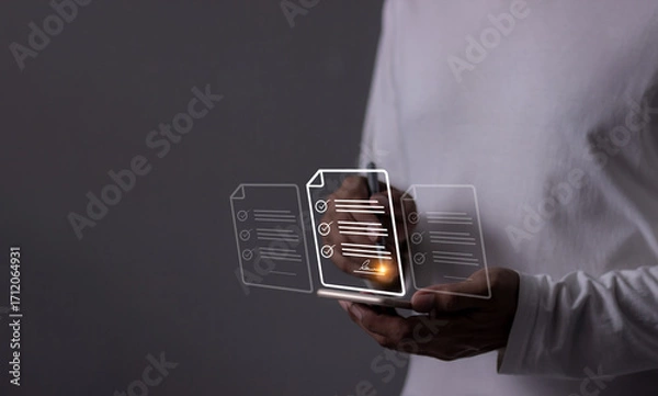 Fototapeta Young man with smartphone mobile hand touching to sign a Online Business Contract, Electronic signature, Contract signing, Digital documents, Future smart contract