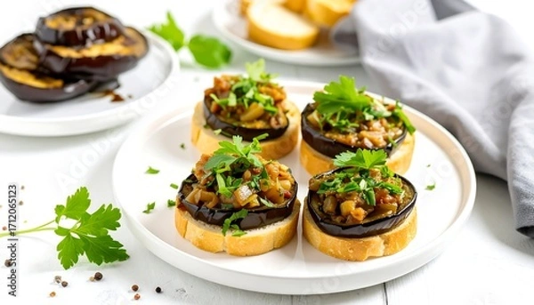 Obraz Roasted eggplant bruschetta on toasted bread