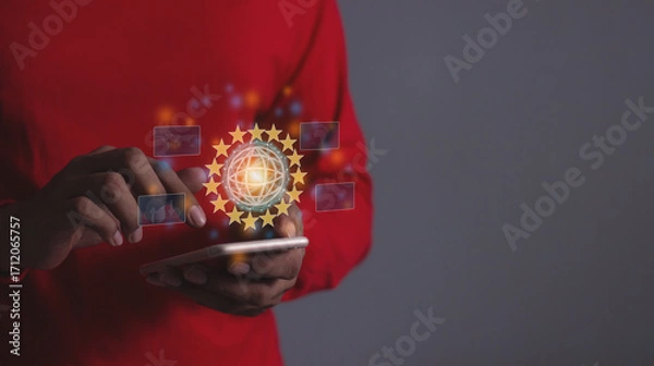 Fototapeta Young man hand using smartphone to Interconnect, Interconnected Concept; People connect via wireless internet in a world of digital technology and communications that connect freely around the world