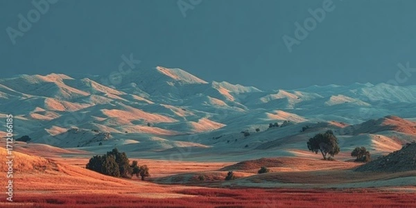 Fototapeta Golden Hour Hues Paint a Serene Landscape of Rolling Hills and Distant Mountains Under a Vast, Muted Sky