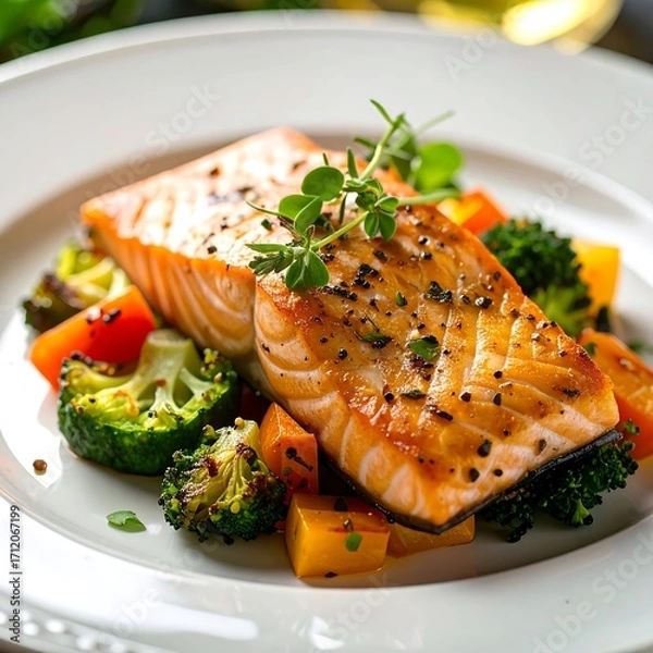Obraz Roasted Salmon with Roasted Vegetables