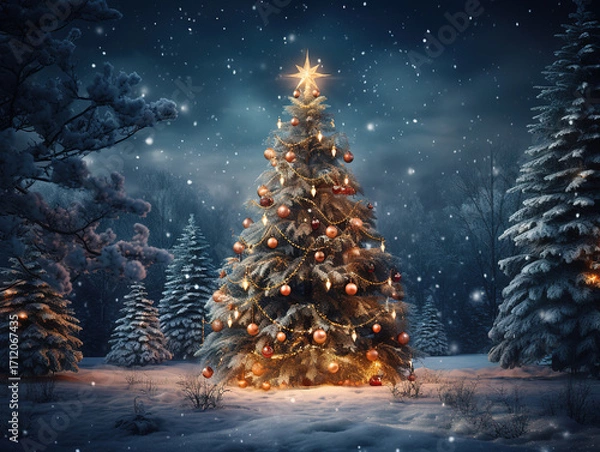 Fototapeta Incredible Realistic background with beautiful decorated christmas tree and snow banks