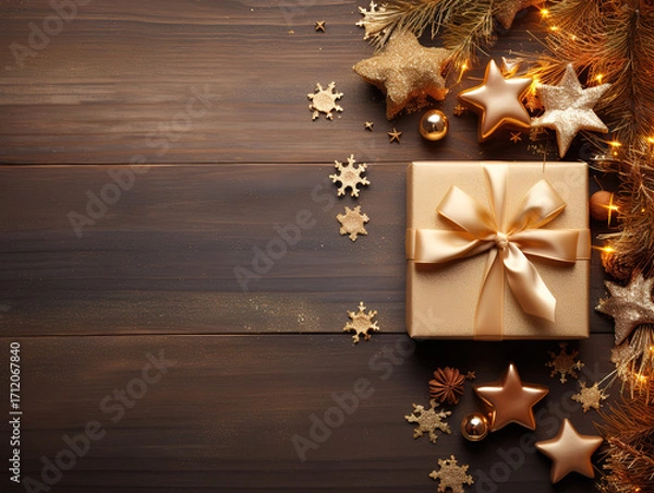 Fototapeta Superb Bottom view xmas gifts in brown paper ribbon xmas tree toy on newspaper on dark