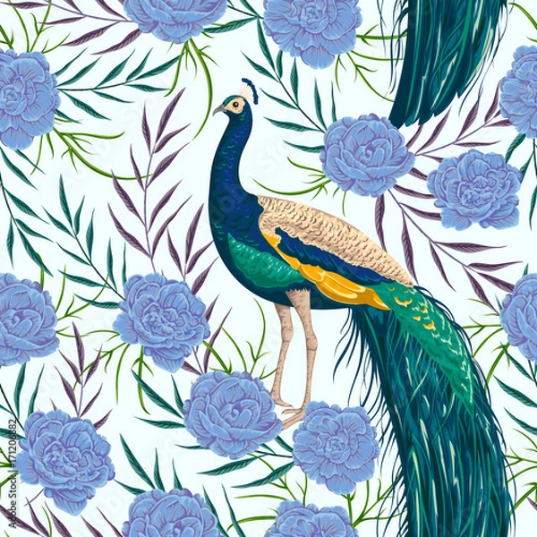 Fototapeta Seamless pattern with peacock, flowers and leaves. Vintage hand drawn vector illustration in watercolor style
