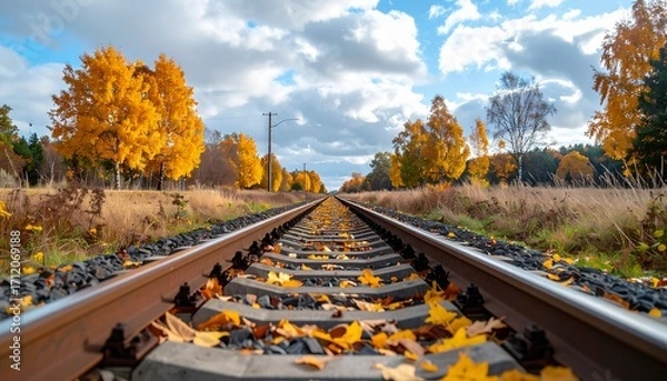 Fototapeta Realistic railway transport scenes: freight trains, passenger trains and railway stations in autumn landscapes. Perfect stock imagery for transport, infrastructure and global logistics themes.