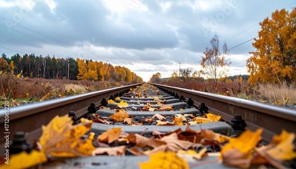 Fototapeta Realistic railway transport scenes: freight trains, passenger trains and railway stations in autumn landscapes. Perfect stock imagery for transport, infrastructure and global logistics themes.