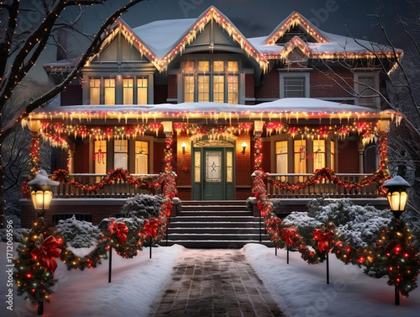 Fototapeta Luxurious Shining christmas lights on a dark blue background