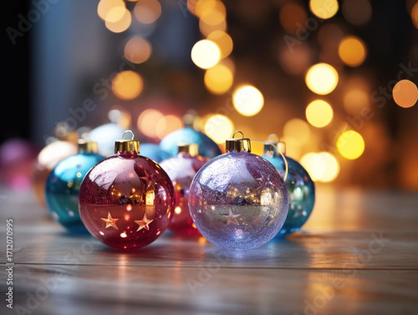 Fototapeta Incredible Shiny Christmas ornament glows illuminating vibrant multi colored decorations indoors