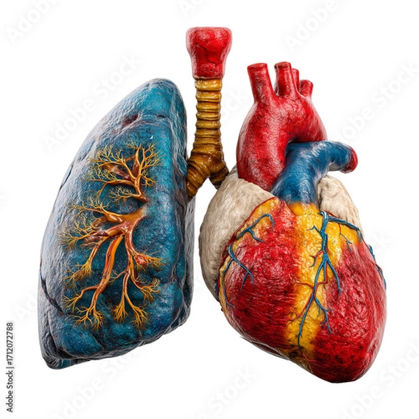 Fototapeta Human anatomy model showcasing heart lungs and trachea for medical use isolated on transparent background