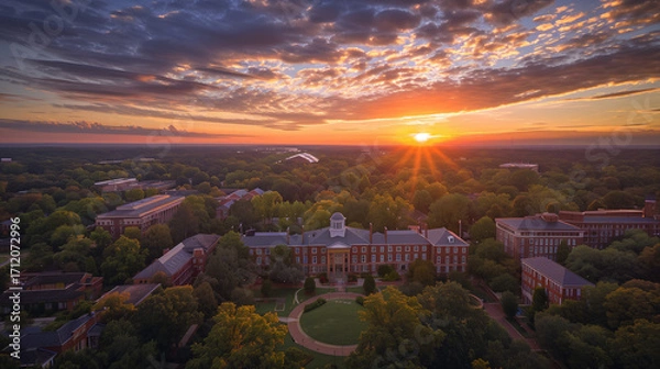 Fototapeta Aerial shot of the red brick buildings on the campus of the University of Georgia and vast miles of lush green trees with powerful clouds at sunset in Athens Georgia USA