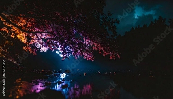 Obraz Mystic Night Reflection Illuminated Autumn Leaves by the Lake