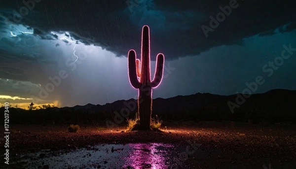 Obraz A striking saguaro cactus glows with ethereal light, standing strong in a remote desert landscape illuminated by the raw energy of a dramatic lightning storm