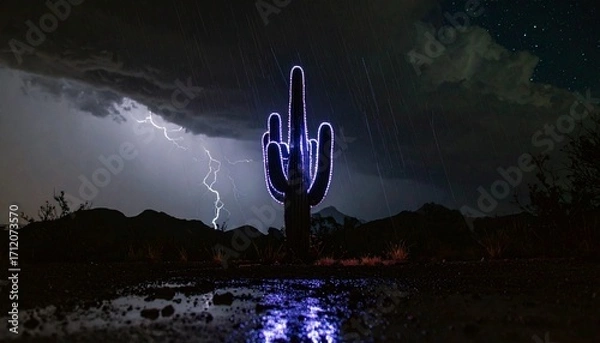 Obraz Dramatic desert landscape with a Saguaro cactus illuminated by a lightning storm at night