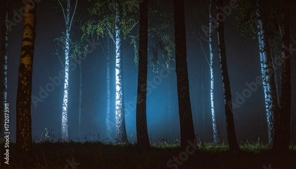 Obraz Eerie blue glow illuminates a mysterious birch forest at night, creating a captivating and tranquil yet slightly unsettling nocturnal scene filled with atmospheric light